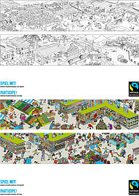 Wimmelbild "Fairtrade im Supermarkt" zum Ausdrucken in zwei Versionen (Format A3): - Wimmelbild als Tischset zum Entdecken (coloriert) - Wimmelbild als Tischset zum Ausmalen